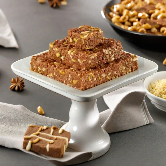 a white plate topped with brownies next to a bowl of nuts